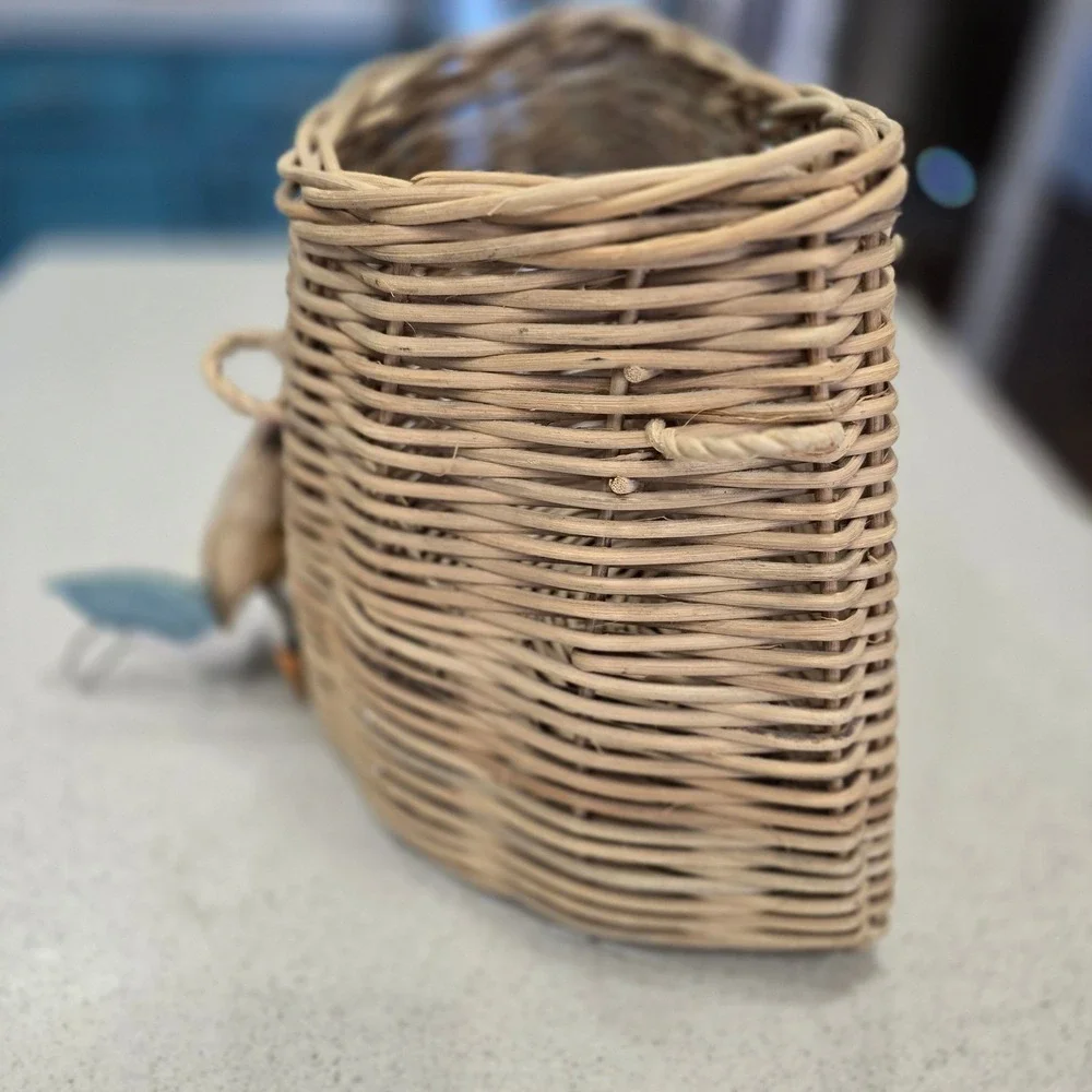 Woven Wicker Wall Hanging Basket with Wooden Heron and fish Charms Coastal Decor